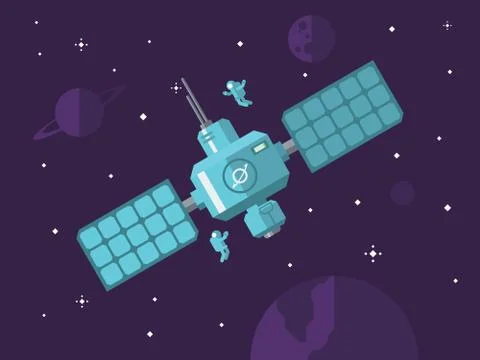 Satellite with Astronauts in Outer Space Stock Illustration