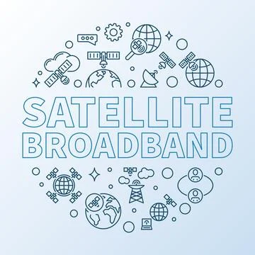 Satellite Broadband vector thin line round banner - Internet Technology con.. Stock Illustration
