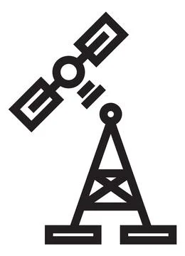 Satellite broadcasting to antenna tower. Global communication icon Illustrazione stock