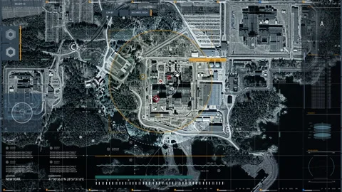 Satellite camera detects Oskarshamn Nuclear power station, radar, UI Graphics Stock Footage 132939645
