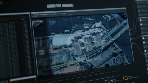 Satellite Camera is Flying Above Modern City. Searching Skyscraper. Scanning Map Stock Footage 197343338