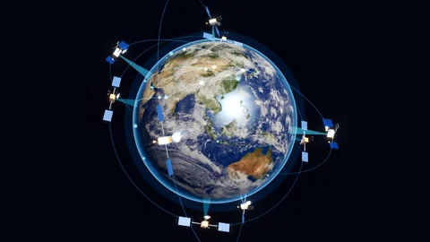 Satellite constellation network around planet earth loop Stockbeeldmateriaal 340496816