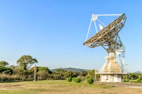 Satellite control antenna under cloudless blue sky Stock Photos