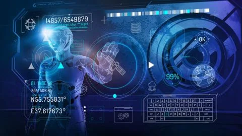 Satellite data infographic on sci-fi space background. 스톡 일러스트