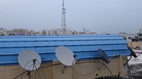 Satellite Dish Antenna and Mobile Towers Stock Footage 80718206