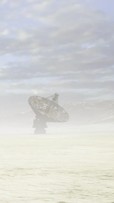 Satellite dish located in a remote area surrounded by fog and mountains Vídeo Stock 335134780
