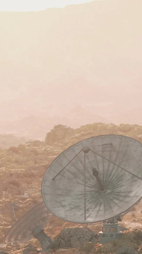 Satellite dish on mountain during sunset with distant hills in view Vídeo Stock 341987117