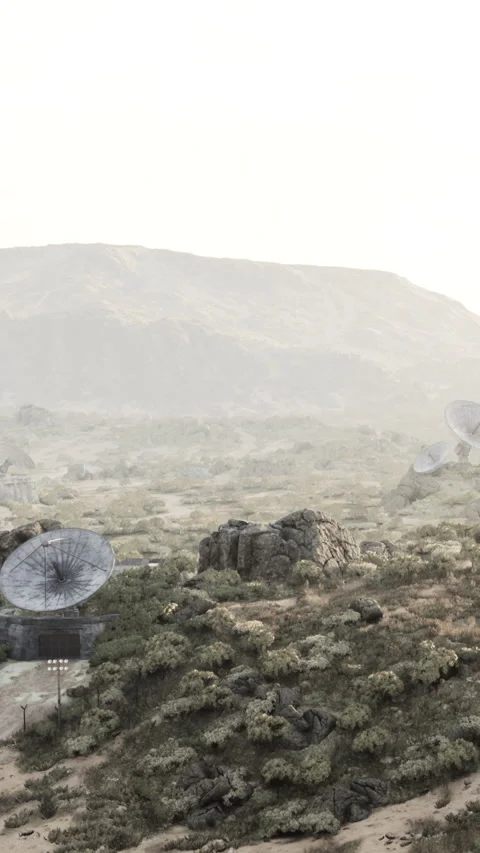 Satellite dish structures are set in a dusty landscape near rocky hills Vídeo Stock 339402943