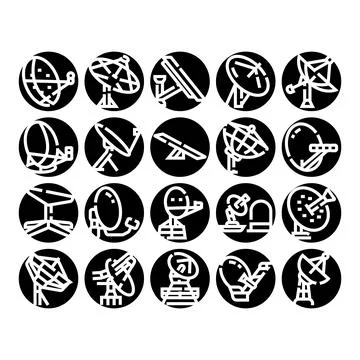 Satellite dish telecommunication transmitting and receiving signal icon set Stock Illustration