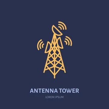 Satellite dish tower flat line icon. Wireless technology, wifi signal sign Illustrazione stock