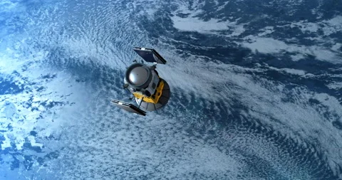 A satellite into earth orbit moving fast over a dense cloud cover - 3d illust Stock Footage 148344094