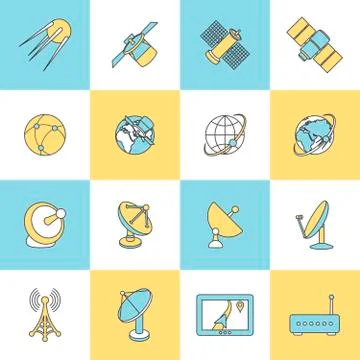 Satellite Flat Line Icons Stock Illustration