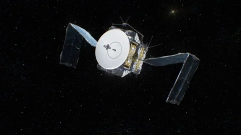 Satellite Flying in Deep Space Using Solar Arrays Beautiful View 3d Animation Stock Footage 301102396