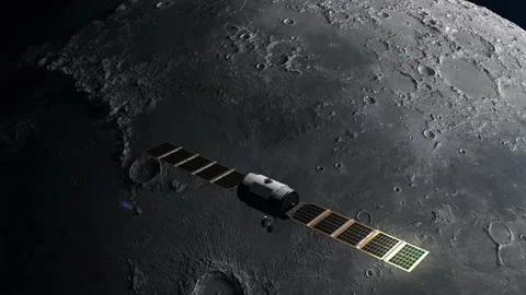 Satellite flying over the surface of the moon. concept of technology, lunar surf Stock Footage 159576664