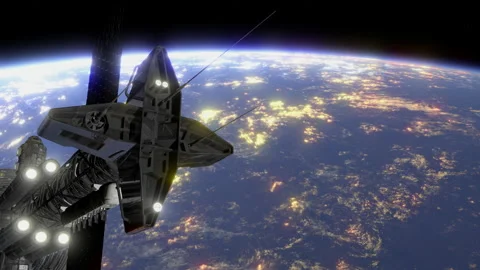 Satellite flying in space over the globe with a view of night cities. Видео 230906639