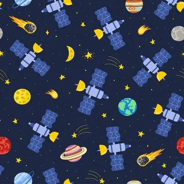 Satellite flying in space seamless pattern. Cosmic background Stock Illustration