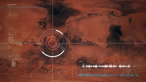 Satellite flyover of Mars with full HUD interface exploring the surface - 3D Stock Footage