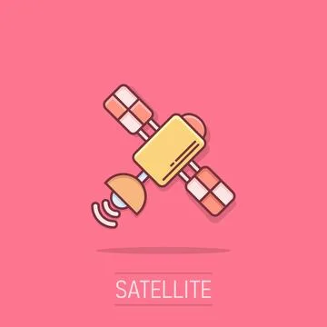 Satellite icon in comic style. Sputnik cartoon vector illustration on isola.. Stock Illustration