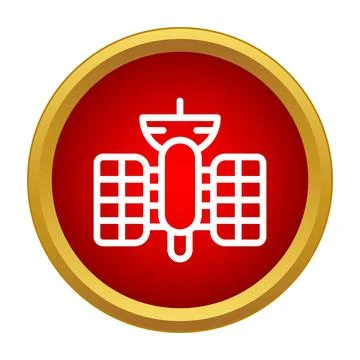 Satellite icon inside a red circle button with a golden border Stock Illustration