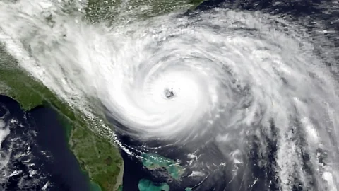 Satellite image of Hugo approaching landfall on the U.S. East Coast Stock Footage 237499302