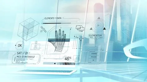 Satellite intelligence data protection infographics on virtual screen. Illustrazione stock