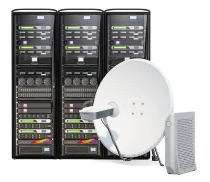 Satellite Internet access concept. Computer server racks with communication s Stock Illustration