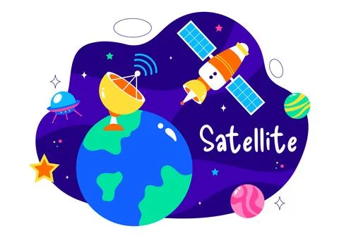 Satellite Internet Technology Vector Illustration featuring Satellites in O.. Stock Illustration
