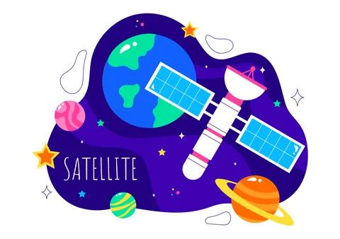 Satellite Internet Technology Vector Illustration featuring Satellites in O.. Illustrazione stock
