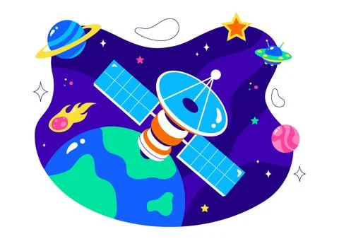 Satellite Internet Technology Vector Illustration featuring Satellites in O.. Stock Illustration