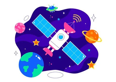 Satellite Internet Technology Vector Illustration featuring Satellites in O.. Illustrazione stock