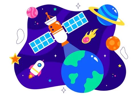 Satellite Internet Technology Vector Illustration featuring Satellites in O.. Stock Illustration