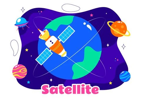 Satellite Internet Technology Vector Illustration featuring Satellites in O.. Illustrazione stock