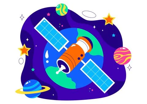 Satellite Internet Technology Vector Illustration featuring Satellites in O.. Illustrazione stock