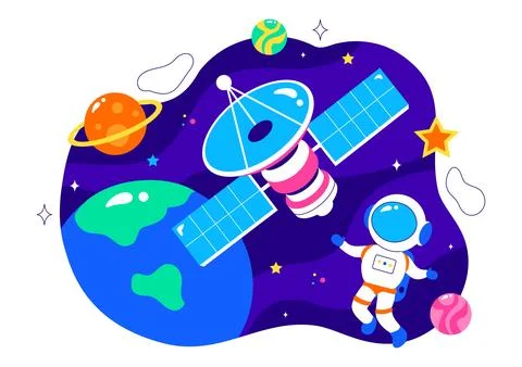 Satellite Internet Technology Vector Illustration featuring Satellites in O.. Illustrazione stock