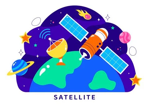 Satellite Internet Technology Vector Illustration featuring Satellites in O.. Illustrazione stock