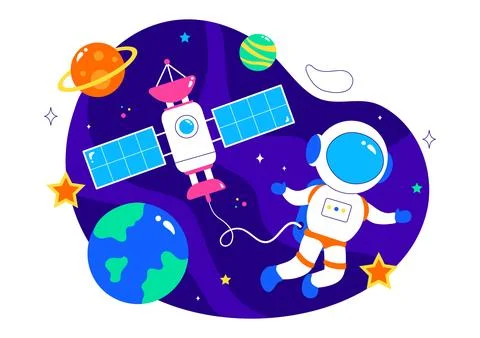 Satellite Internet Technology Vector Illustration featuring Satellites in O.. Illustrazione stock