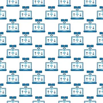 Satellite with Laptop PC vector Internet Access blue seamless pattern Stock Illustration