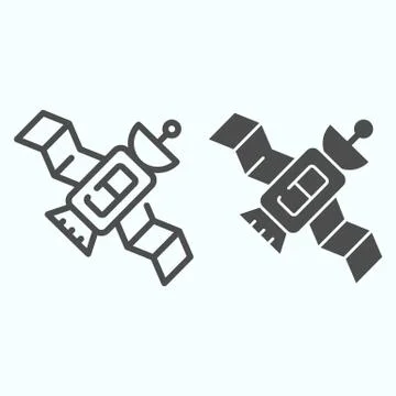 Satellite line and solid icon. Space orbit communication with dish system Ilustración de archivo