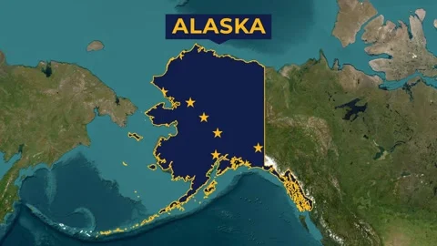 Satellite map animation of Alaska, USA. Blinking territory, state flag, name. Stock Footage 344934196