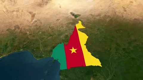 Satellite map animation of Cameroon, clouds, waving flag, gradient border Stock Footage 346175428