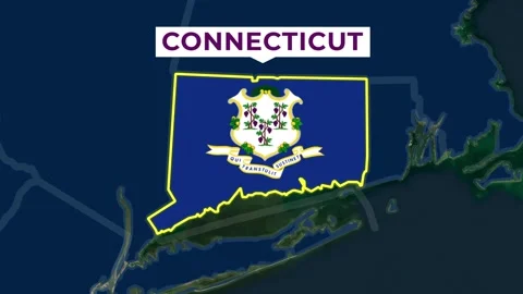 Satellite map animation of Connecticut, USA. Blinking territory, state flag+name Stock Footage 345024974