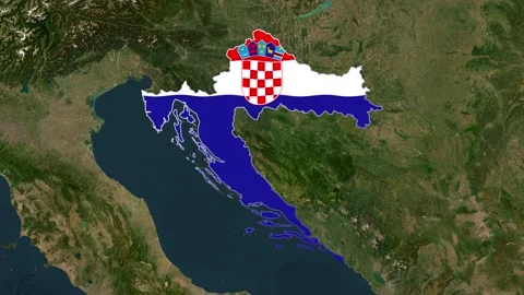 Satellite map animation of Croatia, clouds, waving flag, gradient border Stock Footage 346776050