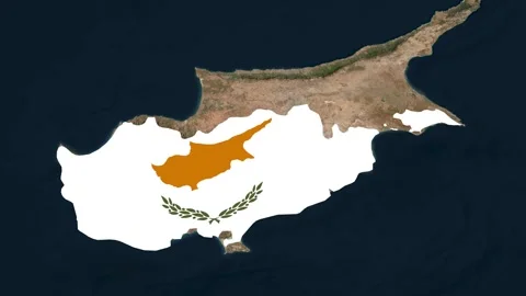 Satellite map animation of Cyprus, clouds, waving flag, gradient border Vídeos de archivo 346776072