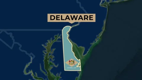 Satellite map animation of Delaware, USA. Blinking territory, state flag, name Stock Footage 345024981