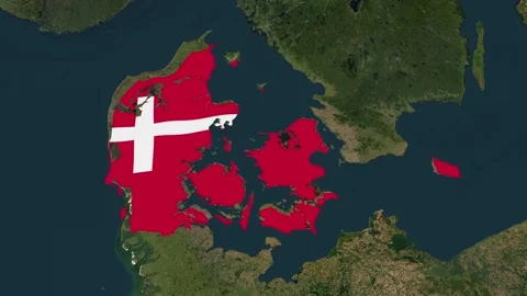 Satellite map animation of Denmark, clouds, waving flag, white border Stock Footage 346776091