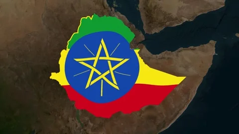 Satellite map animation of Ethiopia, clouds, waving flag, yellow border Stock Footage 345721682