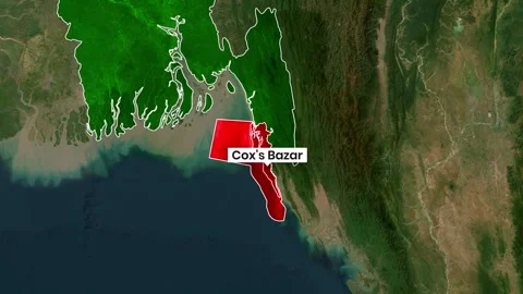 Satellite map animation highlighting Cox's Bazar location within Bangladesh Stock Footage 343919306