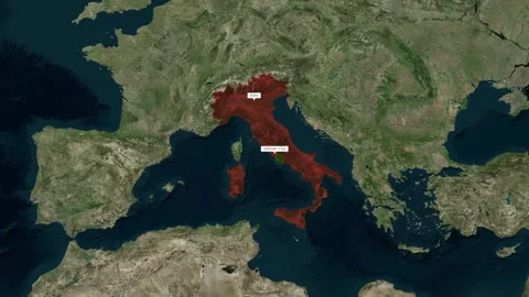 Satellite map animation highlighting italy in red in southern europe of showing Stock Footage 345601003