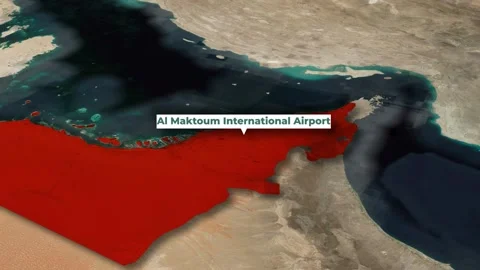 Satellite Map Animation Highlighting UAE and Al Maktoum International Airport Stock Footage 348525455