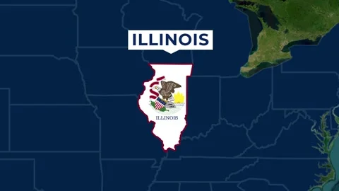 Satellite map animation of Illinois, USA. Blinking territory, state flag, name Stock Footage 345361845